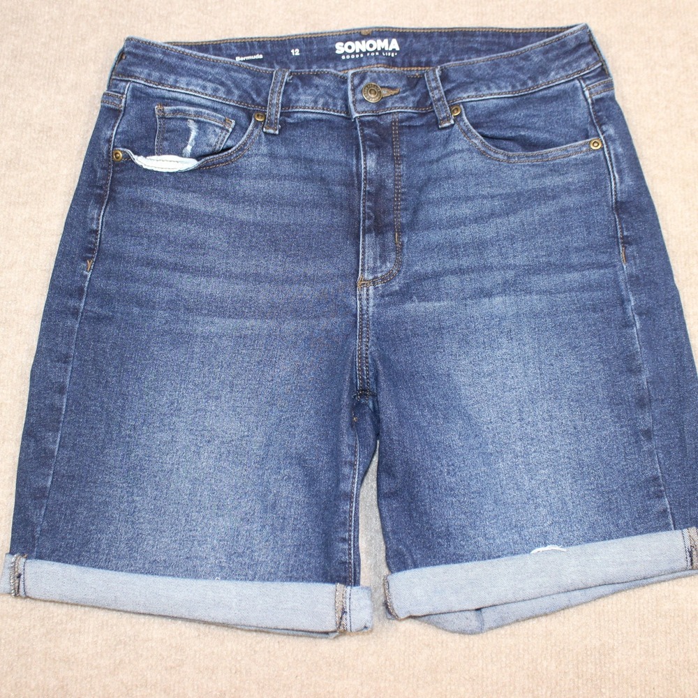 Sonoma Goods For Life Womens Bermuda Denim Shorts Dark Wash Cuffed Size 12